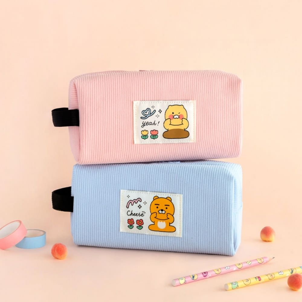 Kakao Friends Say Cheese Corduroy King Square Pencil Case (Ryan/Apeach) | 70-Pen Large Capacity Pouch | Designed in Korea
